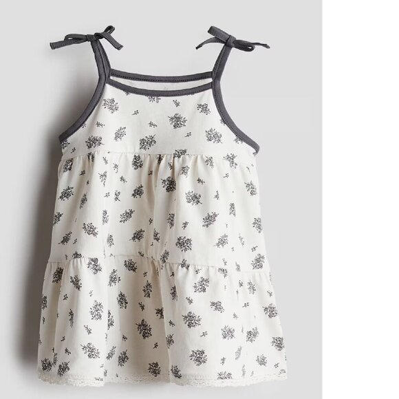 H&M Cotton Jersey Dress with Shoulder Straps White Dark Grey Floral Baby 9-12M - Picture 1 of 6